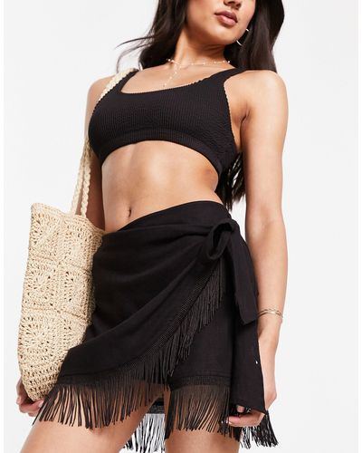 ASOS Sarong Wrap Mini Skirt With Fringing - Black