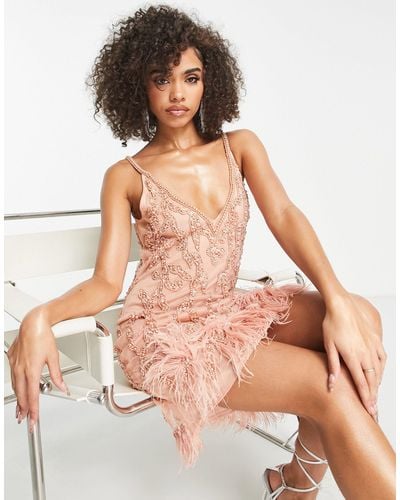 A Star Is Born Plunge Neck Faux Feather Embellished Mini Dress - Pink