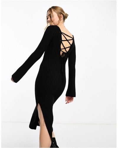 Miss Selfridge Fitted Knit Lattice Back Maxi Dress - Black