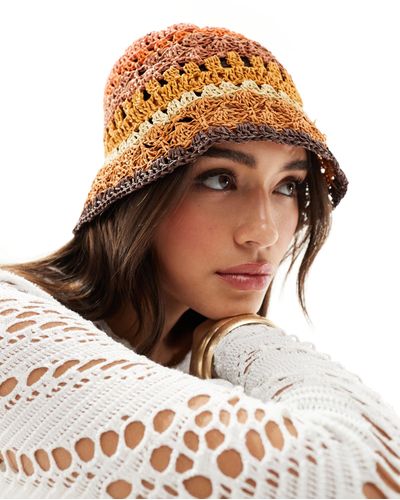 Mango Crochet Stripe Bucket Hat - White