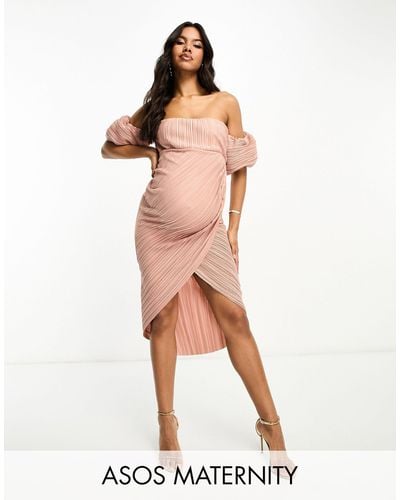 ASOS Asos Design Maternity Off Shoulder Wrap Plisse Midi Dress - Pink