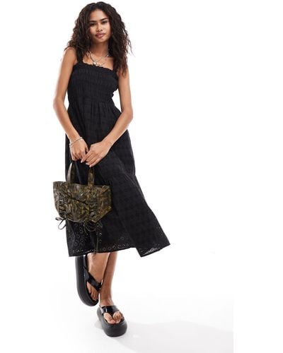 French Connection Shirred Broderie Midi Sun Dress - Black