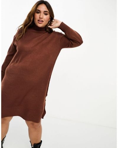 Brave Soul Plus Olivia Roll Neck Knitted Midi Dress - Brown