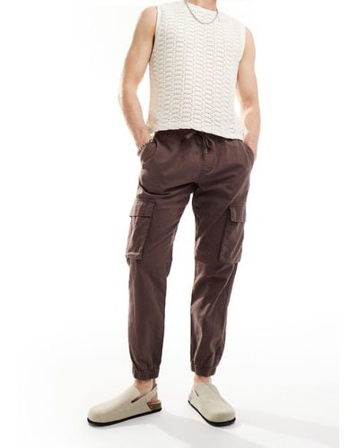 ASOS Tapered Pull On Linen Cargo Trousers - Natural