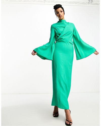 ASOS High Neck Maxi Dress With Wrap Waist And Fluted Sleeve - Green