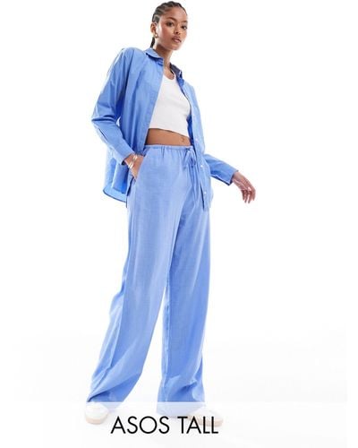 ASOS Asos Design Tall Wide Leg Pull On Trousers With Linen - Blue