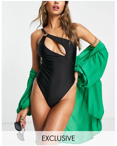 Public Desire Cut Out One Shoulder Swimsuit With Ring Detail - Black