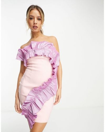 Band of Stars Premium Contrast exaggerated Ruffle Trim Mini Dress - Pink