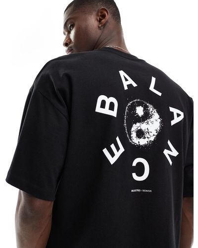 SELECTED T-shirt pesante oversize nera con stampa "balance" sul retro - Nero