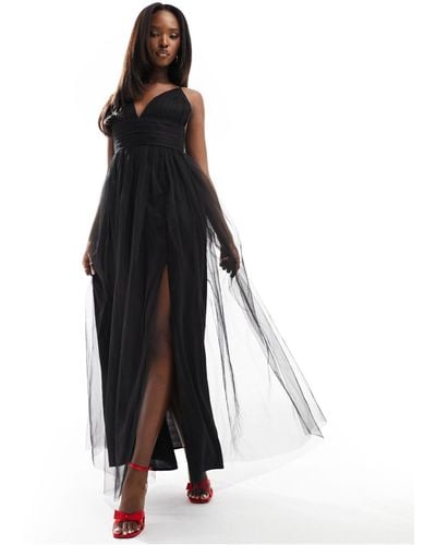 LACE & BEADS Cross Back Tulle Maxi Dress - Black