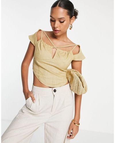 ASOS Strappy Cross Neck Top With Capped Sleeve And Ruched Keyhole Detail - Green