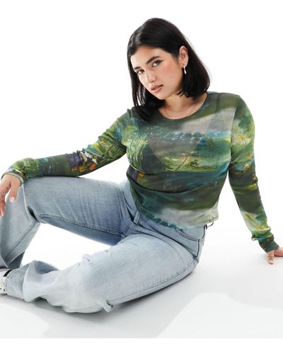 ASOS Asos design curve – langärmliges, knapp geschnittenes shirt aus netzstoff mit kunstgemälde-print - Grün