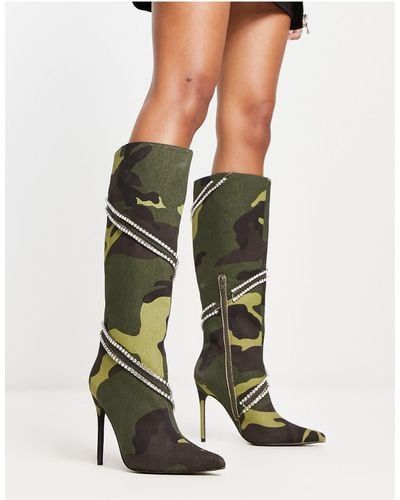Daisy Street Tammy girl – kniehohe absatz-stiefel mit military-muster und verzierung - Grün