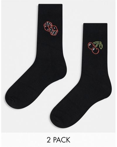 ASOS 2 Pack Sport Socks With Dice And Cherry Artwork - Black