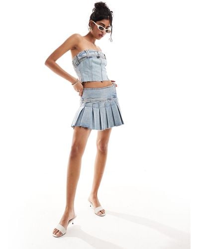 Pull&Bear Belt Detail Pleated Denim Mini Skirt Co-ord - Blue