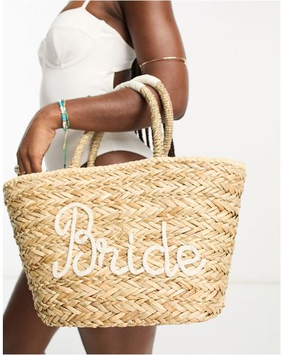 South Beach Bride Embroidered Straw Bucket Bag - Natural