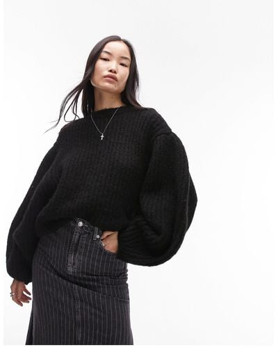 TOPSHOP Knitted Volume Sleeve Fluffy Sweater - Black