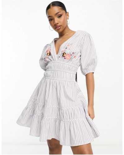 ASOS Embroidered Channel Detail Mini Tea Dress With Puff Sleeve - White