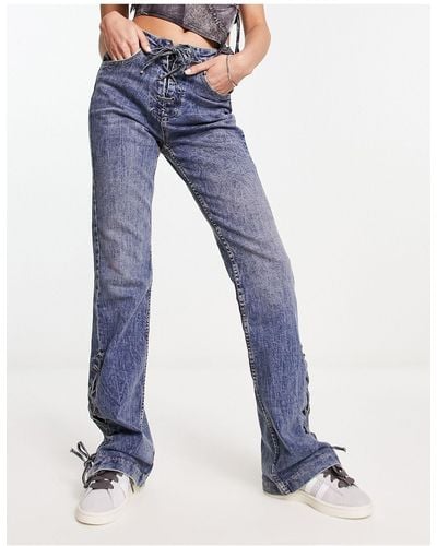 Stradivarius Str Straight Flare Jean With Lace Up Detail - Blue