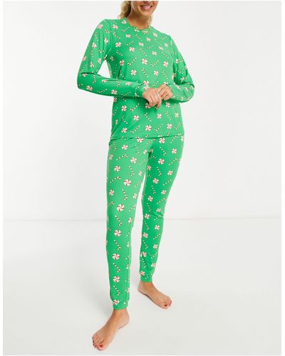 Loungeable Pyjamaset Met Lange Mouwen En Zuurstok-print - Groen