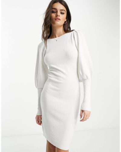 French Connection Robe mi-longue en maille avec manches volumineuses - Blanc