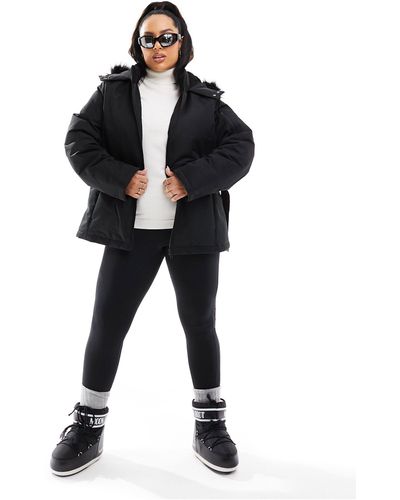 Threadbare Plus - cappotto da sci con cintura e cappuccio - Nero