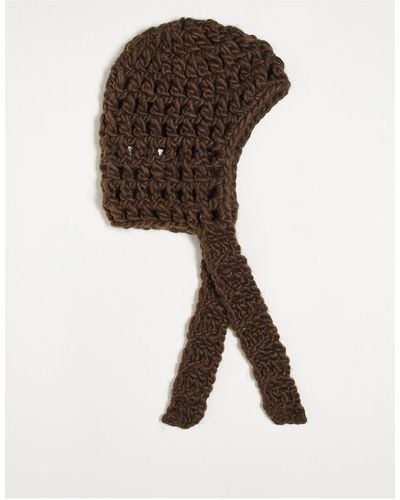 Collusion Unisex Knitted Crochet Bonnet With Tie Detail - Brown