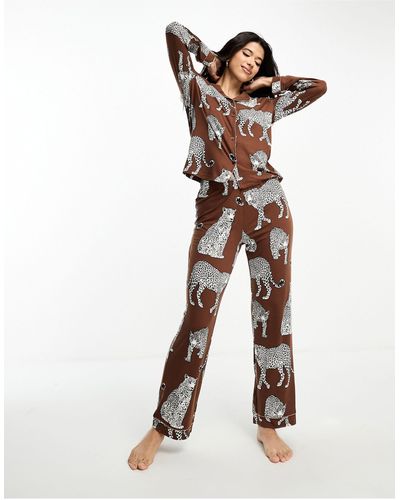 Chelsea Peers Exclusive Leopard Print Jersey Button Top And Trouser Pyjama Set - Natural