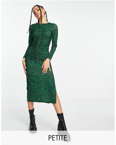 New Look Ruched Front Long Sleeve Midi Dress - Green