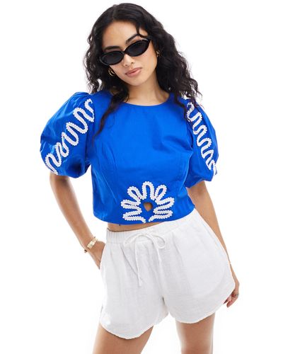 Stradivarius Puff Sleeve Top With Embroidery Detail - Blue