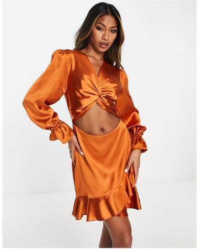 Flounce London Satin Balloon Sleeve Mini Dress With Cut Out And Ruffle Detail - Orange