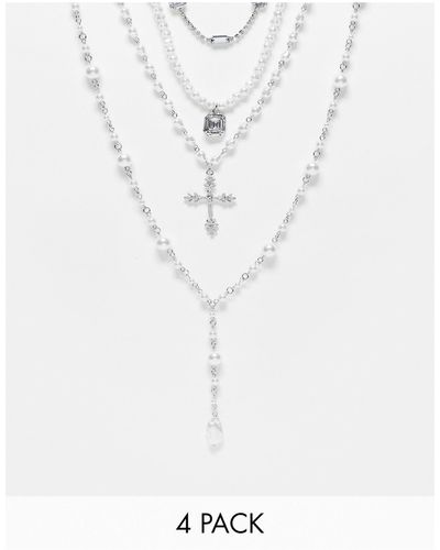 ASOS 4 Pack Statement Pearl And Crystal Necklace - White