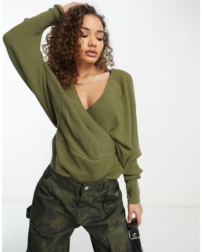 Naanaa Crossover Batwing Sleeve Sweater - Green