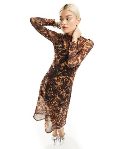 AllSaints Hanna Spark Printed Mesh Midi Dress - Brown