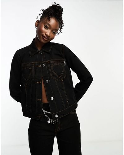 Love Moschino Cropped Denim Jacket With Heart Stitch Detail - Black