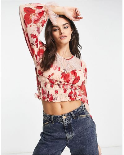 Free People Daphne Abstract Floral Blouse With Ruching - Red