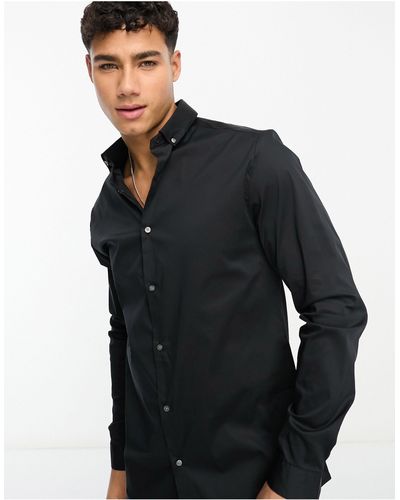 River Island Camicia a maniche lunghe elegante attillata nera con ricamo - Nero