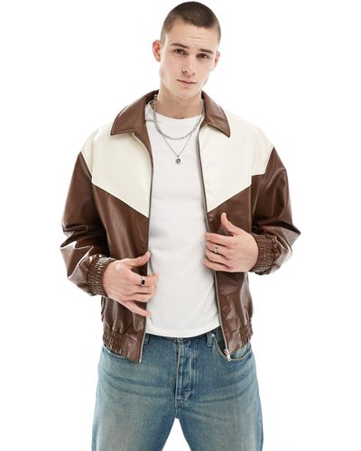 ASOS Oversized Faux Leather Bomber Jacket With Cut And Sew Detail - Brown