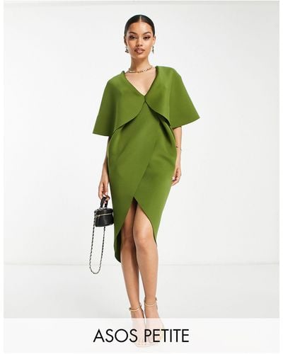 ASOS Asos Design Petite Cape Detail Pleated Wrap Midi Dress - Green
