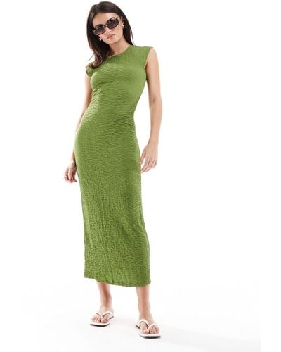 Mango Cap Sleeve Texture Midi Dress - Green