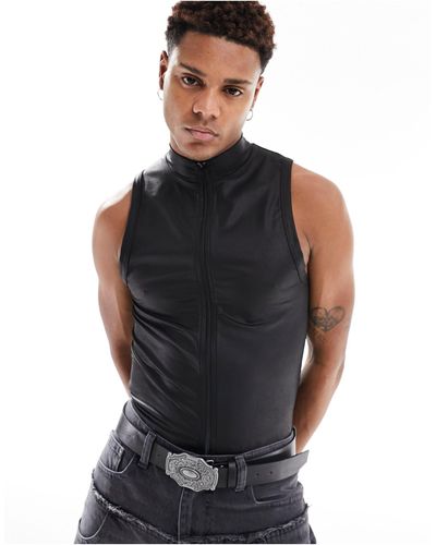 ASOS Muscle Fit High Neck Faux Leather Vest With Zip - Black
