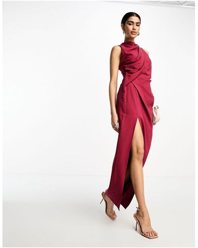 ASOS Washed High Neck Midaxi Dress With Drape Shoulder Detail - Red