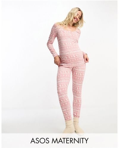 ASOS Asos Design Maternity Christmas Fair Isle Glam Long Sleeve Top & leggings Pajama Set - Pink