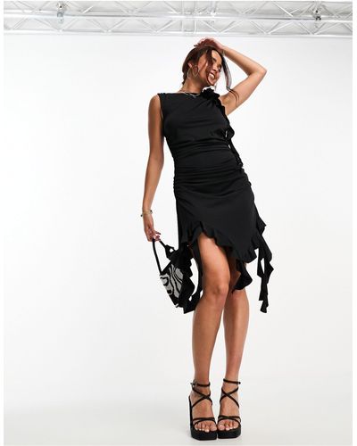 Miss Selfridge Corsage Detail Frill Asymmetric Midi Dress - Black