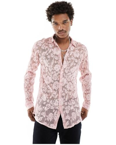 ASOS Long Sleeve Plisse Lace Shirt - Pink