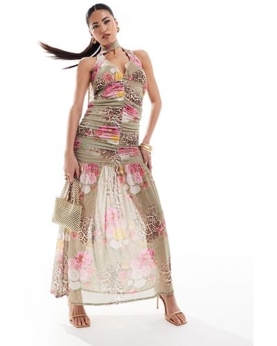 ASOS Mesh Halter Low Plunge Maxi Dress With Ruching - Pink