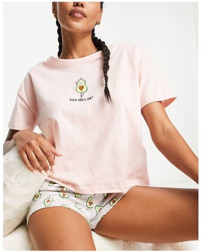 New Look Slogan Avocado Pajama Short Set - Pink