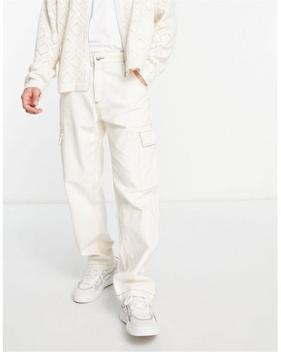 Bershka Contrast Stitch Wide Fit Cargo Pants - White