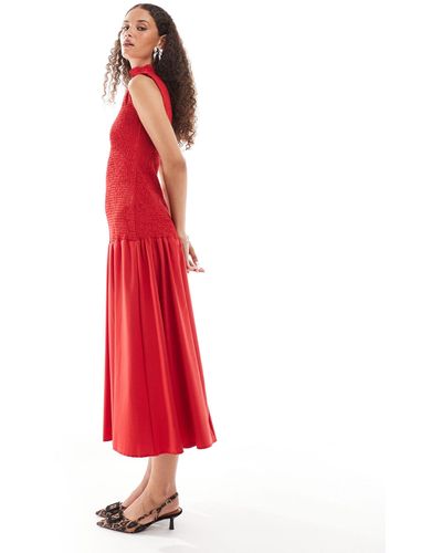 Ghospell Kali Shir Dropwaist Midi Dress - Red