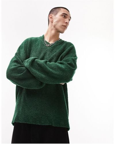 TOPMAN Knitted Boucle V Neck Jumper - Green